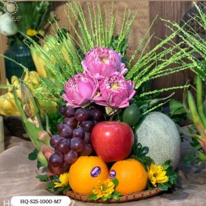 Mẹt Hoa Quả Size 25cm - Mẫu 1, gồm ngũ quả và hoa sen hồng dành cho các dịp lễ, cúng - Tâm Đồ Lễ
