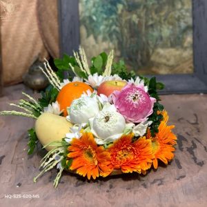Mẹt Hoa Quả Size 25cm - Mẫu 5, gồm 3 loại quả và hoa sen, hoa đồng tiền dành cho các dịp lễ, cúng - Tâm Đồ Lễ